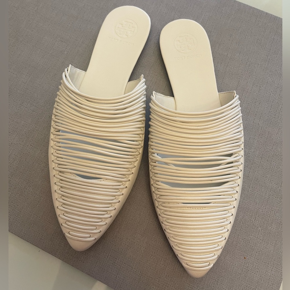 New Tory Burch White Leather Sienna Pointed Mule Slide